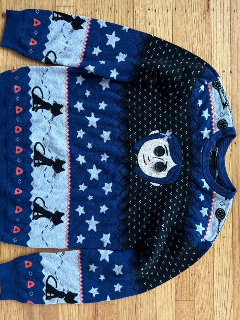 Coraline Button Eyes Cats Blue Sweater Size Large